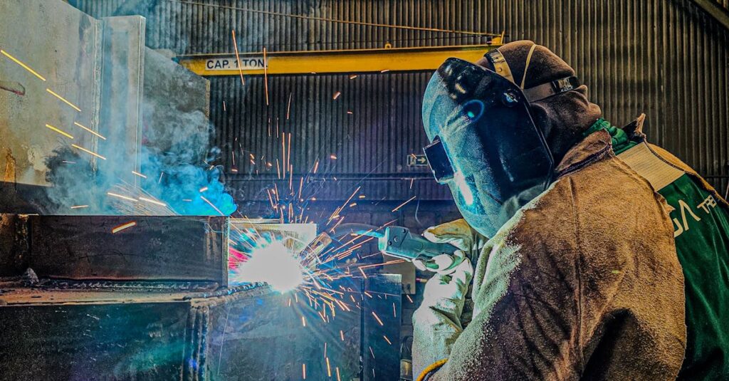 A welder in Brazil is focused on welding steel in an industrial setting.