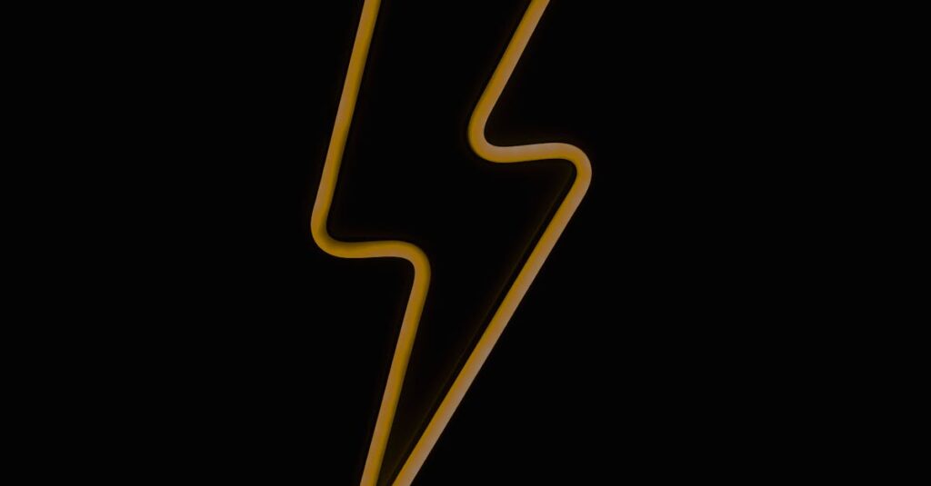 Bright yellow neon thunderbolt sign glowing on a dark black background, creating a striking visual contrast.